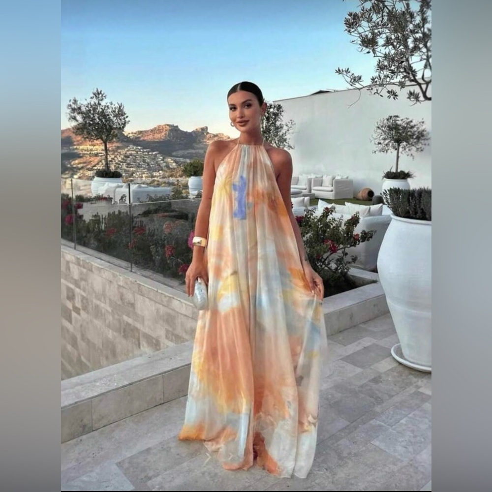Halter Tie-Dye Maxi Dress in Pastel Orange & Blue
